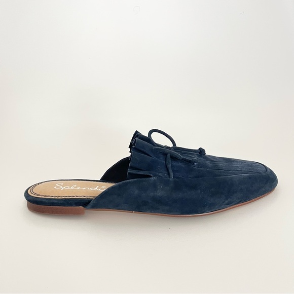 Splendid Women's Suede Mules Flats 7.5 Navy Blue Pleated Bow Smoking Slippers - Picture 4 of 5